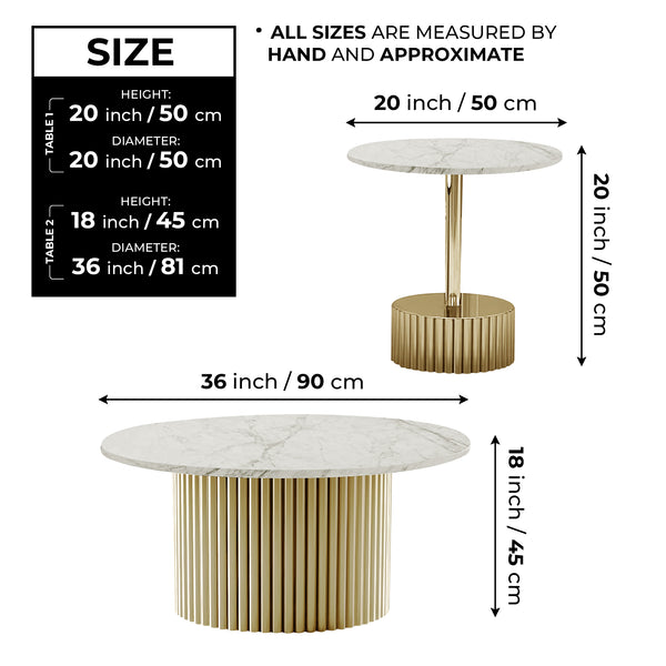 Modern Round Coffee Table Set 35" and 20" Centerpiece, Marble Surface, Metal Gold Frame