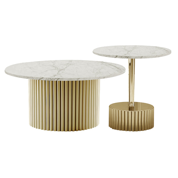 Modern Round Coffee Table Set 35" and 20" Centerpiece, Marble Surface, Metal Gold Frame