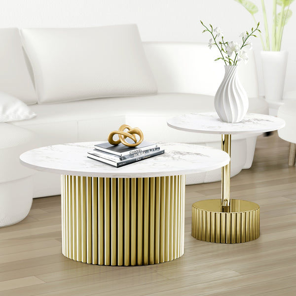 Modern Round Coffee Table Set 35" and 20" Centerpiece, Marble Surface, Metal Gold Frame