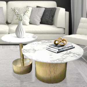 Modern Round Coffee Table Set 35" and 20" Centerpiece, Marble Surface, Metal Gold Frame by Sona Casa