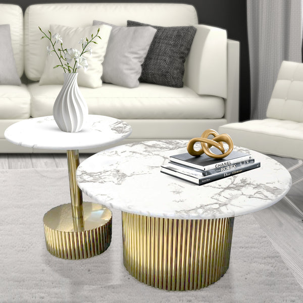 Modern Round Coffee Table Set 35" and 20" Centerpiece, Marble Surface, Metal Gold Frame