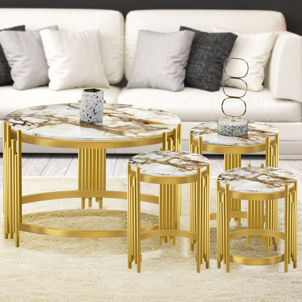 Round Coffee Table Set of 4 Centerpiece, 35" 18" 16" 14" Marble Top, Metal Gold Frame, Home Decor