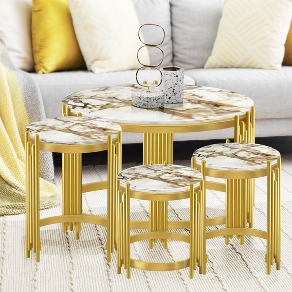 Round Coffee Table Set of 4 Centerpiece, 35" 18" 16" 14" Marble Top, Metal Gold Frame, Home Decor