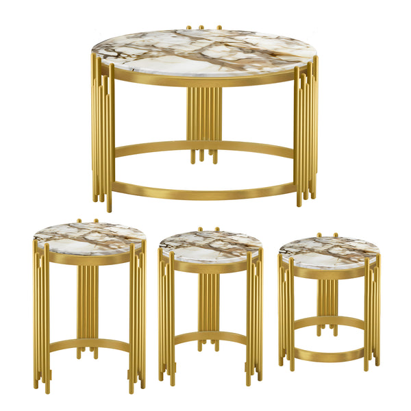 Round Coffee Table Set of 4 Centerpiece, 35" 18" 16" 14" Marble Top, Metal Gold Frame, Home Decor