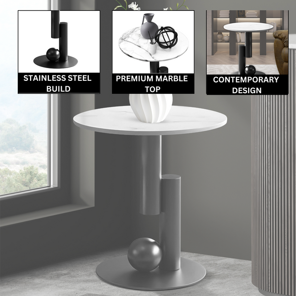 Modern Round Corner Table, 16" Side Table, White Marble Top, Metal Matte Black Frame, Centerpiece