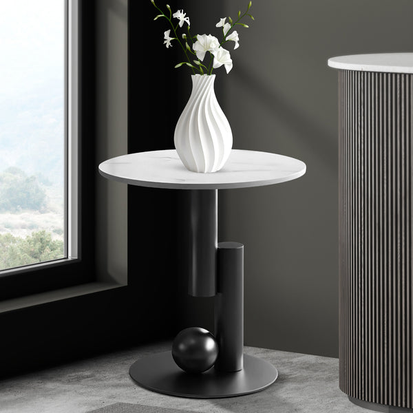 Modern Round Corner Table, 16" Side Table, White Marble Top, Metal Matte Black Frame, Centerpiece