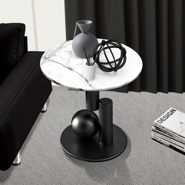 Modern Round Corner Table, 16" Side Table, White Marble Top, Metal Matte Black Frame, Centerpiece