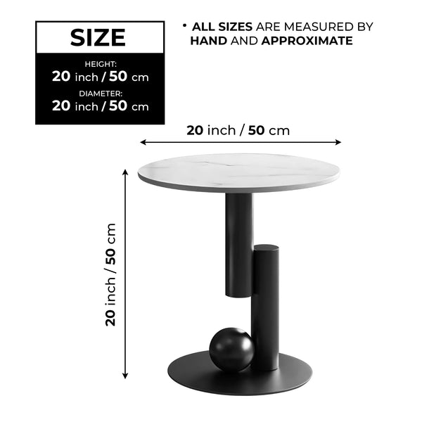 Modern Round Corner Table, 16" Side Table, White Marble Top, Metal Matte Black Frame, Centerpiece