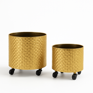 Golden Metal Foil Planter Set with Drain Plug, Indoor Plant Pot with Wheels for Fresh or Faux Plants Home Decor Gift-Sona Casa