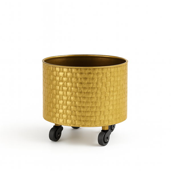 Golden Metal Foil Planter Set with Drain Plug, Indoor Plant Pot with Wheels for Fresh or Faux Plants Home Decor Gift-Sona Casa