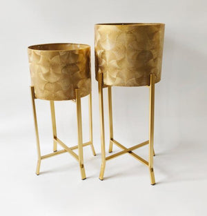 Rustic Gold Metal Pair of Planters with Detachable & Foldable Stand, Indoor Ornament for Fresh or Faux Plants Home Decor Gifts-Sona Casa