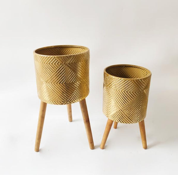 Rustic Gold Foil Metal Plant Pots Set with Stand for Fresh or Artificial Plants, Indoor Home Office Decor, Gifts