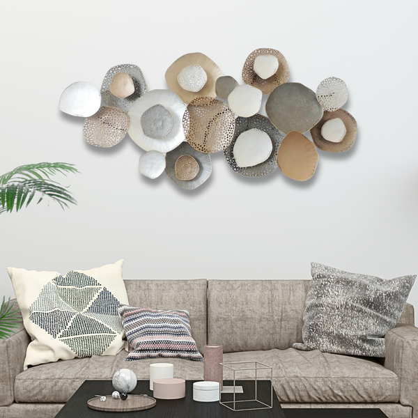 Large Metal Wall Art Sculpture, 53" Rustic Weathered Finish, Gold Silver White Home Office Decor