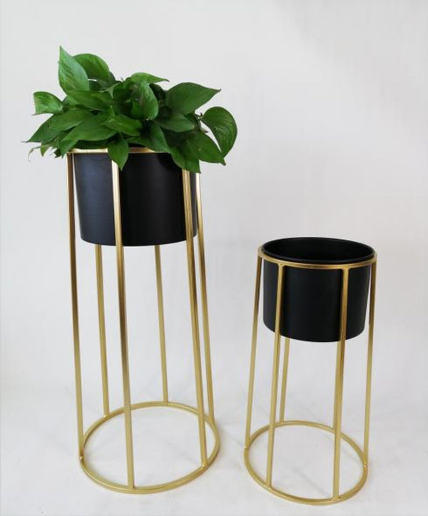 Contemporary Indoor Black Metal Pots Set with Golden Stand for Fresh or Faux Plants Living Room Office Decor, Gifts