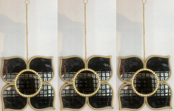 Golden Floral Wall Mirror Set with Hanging Chain, Traditional Modern Diwali Decor Gift, 25 cm Mirrors Pooja Room Decor-Sona Casa