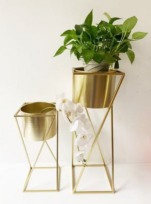 Contemporary Indoor Gold Metal Planter Pots Set with Stand-Sona Casa