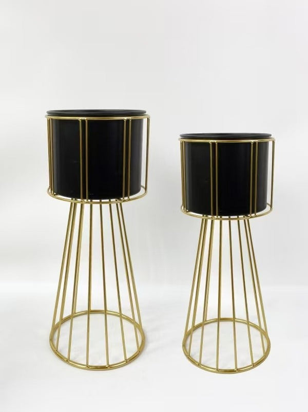 Contemporary Indoor Black Metal Pots Set with Golden Stand-Sona Casa