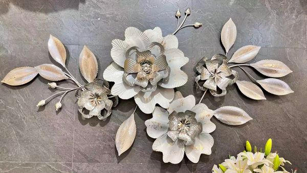 Large Metal Wall Sculpture, Silver Floral Design-Sona Casa