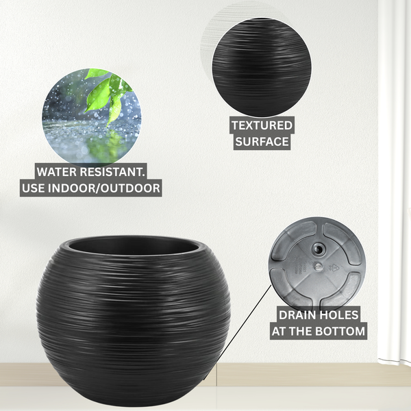 Round Black Plant Pot, Indoor Outdoor Home, Office, Patio, Front Porch, Backyard Decor, 13" Succulent Planter by Sona Casa