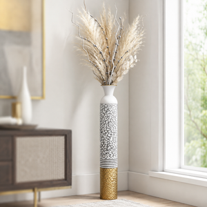 Tall White Silver Gold Metal Floor Vase with Metallic Finish for Modern Home Decor 14x14x106.7 cm - Accent Collection
