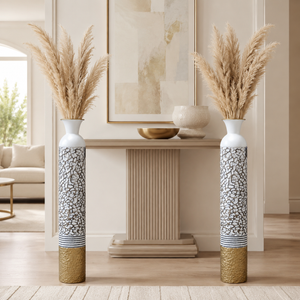 Set of 2 Tall White and Silver Round Metal Vases for Modern Home Decor, 14x14x106.7 cm - Accent Collection