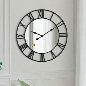 Large Black Wall Clock with Mirror, 24" Silent Roman Clock, Heavy Metal, Living Room Wall Decor-Sona Casa