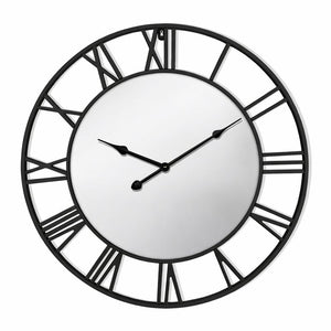 Large Black Wall Clock with Mirror, 24" Silent Roman Clock, Heavy Metal, Living Room Wall Decor-Sona Casa