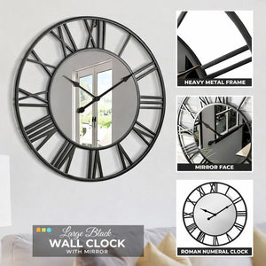 Large Black Wall Clock with Mirror, 24" Silent Roman Clock, Heavy Metal, Living Room Wall Decor-Sona Casa