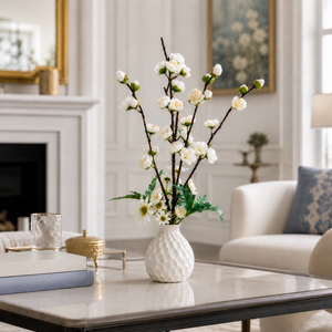 Elegant White Ceramic Pot with White Artificial Orchid Sticks, Minimalist Modern Home Decor, 14x50cm - Accent Collection