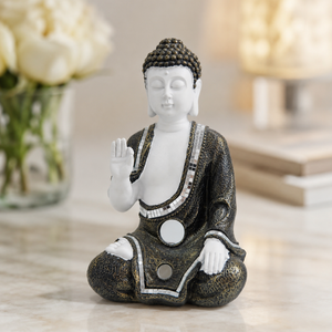 Small Buddha Statue, Antique White Decor, 10" Altar Meditation Room Decor - Accent Collection