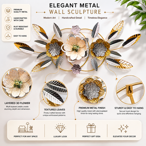 Large Gold Metal Wall Decor with Floral and Leaf Motif, 18 x 50 inch Elegant 3D Botanical Sculpture Home Office Decor-Sona Casa