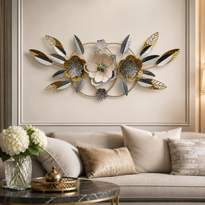 Large Gold Metal Wall Decor with Floral and Leaf Motif, 18 x 50 inch Elegant 3D Botanical Sculpture Home Office Decor-Sona Casa