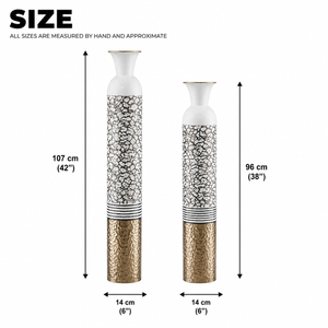 Set of 2 Round Metal Vases in White, Silver, and Gold Finish – Modern Decorative Accent for Home or Office – 14x14x106.7cm & 13.5x13.5x95.5cm