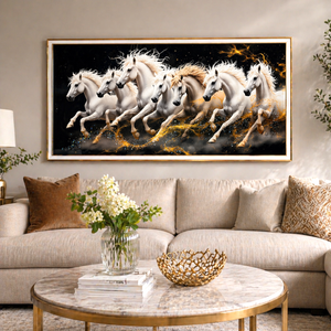 Seven White Horses Wall Art with Crystals, Modern 70x140 cm Premium Home Decor Canvas Painting