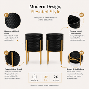 Set of 2 Small Black Metal Planters with Gold Legs - Modern Minimalist Indoor Plant Pots for Home Decor by Sona Casa