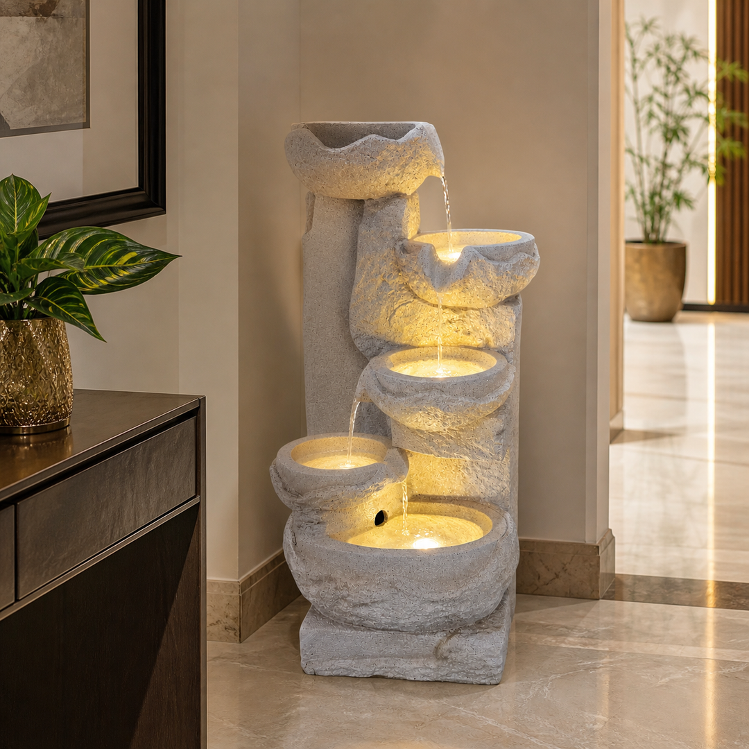 Tall 4-Tier White Indoor Water Fountain with LED Lights – Modern Minimalist Home Decor Accent - Accent Collection