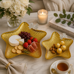 2 Pc Star Shaped Metal Tray Set in Matte Black Finish, Decorative Serving and Accent Trays, 28.5x28.5x4 & 24x24x4 cm