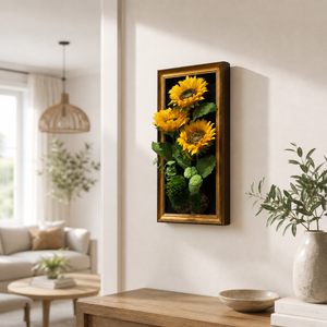 Artificial Sunflower 3D Wall Art in Black and Gold Frame – Modern Floral Home Décor Accent