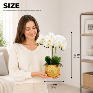 Elegant Gold Ceramic Vase with Artificial White Orchid Design, Glossy Finish, 17x42cm, Premium Home Decor Accent