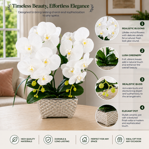 Silver Ceramic Vase with Artificial White Orchids, Modern Metallic Finish Decorative Flower Vase 19x40cm