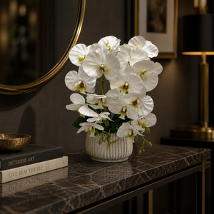 Elegant White Ceramic Artificial Orchid Pot Planter for Indoor Home Decor, 19x42cm