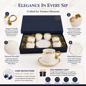 White and Gold Trim Coffee Cup and Saucer Set, 6 Cups and 6 Saucers, Elegant Tableware for Home and Entertaining by Sona Casa