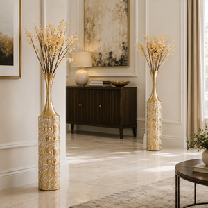 Set of 2 Tall Gold Metal Vases with Sleek Modern Finish for Elegant Home or Office Decor by Sona Casa