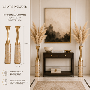 Set of 2 Tall Gold Metal Vases with Sleek Modern Finish for Elegant Home or Office Decor by Sona Casa