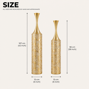 Set of 2 Gold Floral Metal Vases with Tall Sculptural Design for Elegant Home Decor, 14.7x14.7x106.5cm & 14.7x14.7x95.5cm