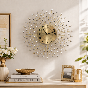 Gold Sunburst Wall Clock, 24 Inch Metal Frame, Mid-Century Modern Decorative Home Accent
