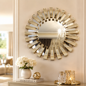Round Gold Sunburst Wall Mirror 66 cm – Decorative Vintage Style Accent for Living Room or Entryway