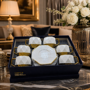 Octagonal White and Gold Coffee Cup and Saucer Set 6+6 Pieces Elegant Geometric Tableware Gift Set by Sona Casa