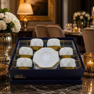 Octagonal White and Gold Coffee Cup and Saucer Set 6+6 Pieces Elegant Geometric Tableware Gift Set by Sona Casa