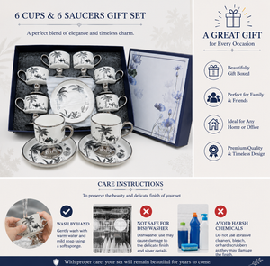 White and Silver Design Coffee Cup and Saucer Set, 6 Cups and 6 Saucers – Elegant Tableware Gift Set by Sona Casa